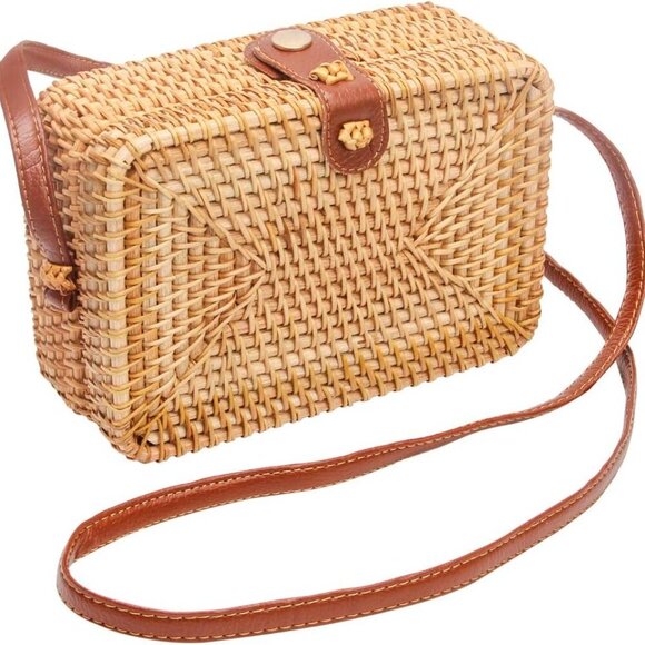Wicker Round Square Crossbody Rattan Bag, Women Boho Bag Clutch Woven Handbag - Picture 1 of 7